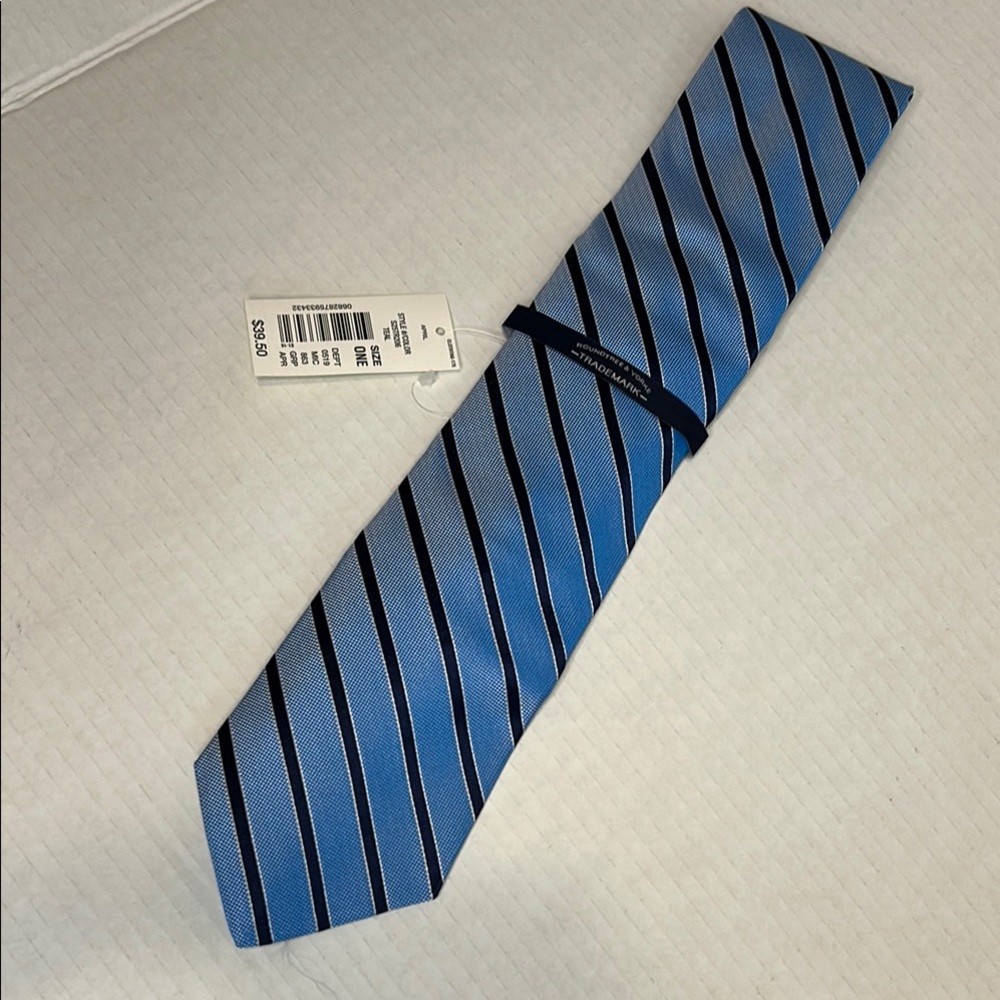 Roundtree & Yorke Silk Navy and Light Blue Striped Tie, NWT,  58” long